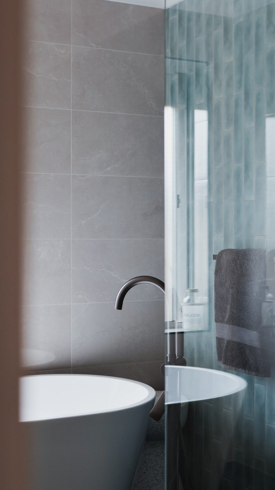 Morphettville Master Bathroom Renovation with Blue Feature Wall and Freestanding Bathtub